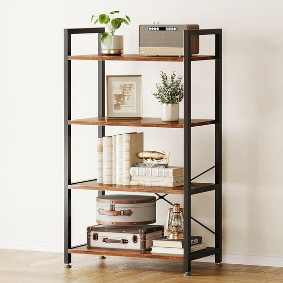 HYJY Book Shelf, 4 Tier Bookshelf, Modern Wood Bookcase Shelves for Bedroom, Industrial Display Shelf for Living Room Home Office Kitchen, Standing Shelving Unit Storage Organizer, Vintage