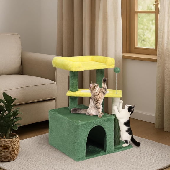 HYJY Cat Tree 27.5in Small Cat Tower, Multi-Level Cat Tree Tower with Cat Scratching Post and Pad, Cozy Cat Condo, Padded Top Bed for Kittens and Indoor Cats, Yellow & Green