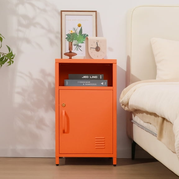 HYJY Compact Metal Nightstand with Lockable Cabinet and Open Shelf, Modern Bedside Table, Versatile Side Table for Bedroom, Living Room, or Office,Orange