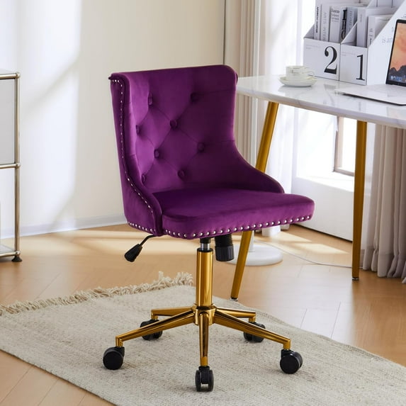 HYJY Dark Purple Armless Home Office Desk Chair with Gold Base/Wheels, Small Cute Vanity/Makeup Chair with Back for Bedroom, Upholstered Adjustable Rolling Swivel Nail Chair for Women/Girls