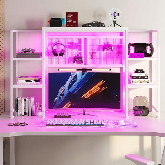 HYJY Desk Shelf with LED Light Strip,Adjustable 45.1" Desk Hutch Dorm with 5 Tier Display Shelf Rack,Desktop Bookshelf with Grid Panel & Hooks for Home, Office and Dorm, White