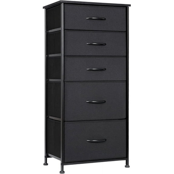 HYJY Dresser with 5 Drawers, Vertical Storage Tower Fabric Dresser, 37 inch Tall Chest of Drawers Nightstand with Wood Top and Metal Frame for Bedroom Living Room Hallway Entryway, Black