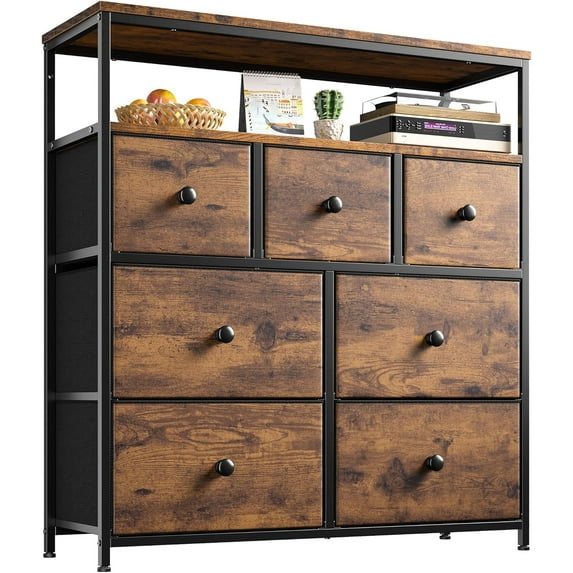 HYJY Dresser for Bedroom with 7 Drawers, Purple Dressers & Chests of Drawers, Dresser for Clothes Storage with Wooden Top and Metal Frame, Entertainment Center, Rustic Brown