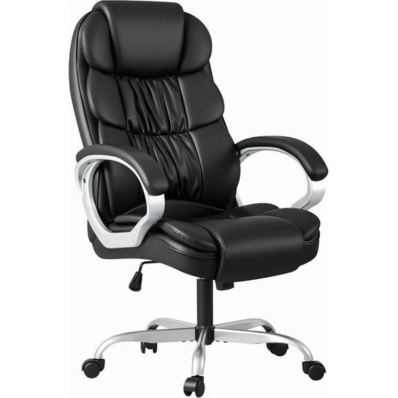HYJY Office Chair High Back Computer Desk Chair, PU Leather Adjustable Height Modern Executive Swivel Task Chair with Padded Armrests and Lumbar Support (Black)