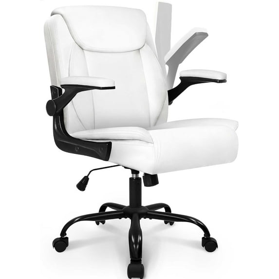 HYJY Office Desk Chair Executive Computer Ergonomic PU Leather Mid-Back Gaming Chair with Wheels Adjustable Flip-up Armrest Swivel for Home, Bedroom, Study (White)