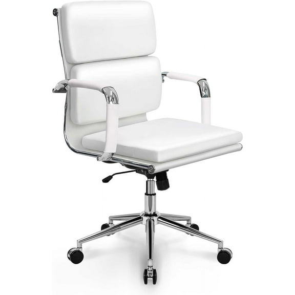 HYJY Office Desk Ergonomic Chair Leather Executive Mid-Back Modern Conference Comfy Adjustable Padded Swivel Rolling Home Vanity Chairs with Arms Wheels (White Mid-back)