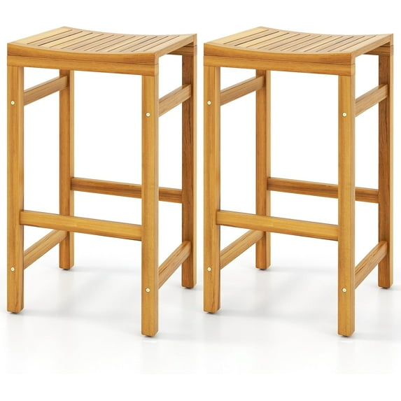 HYJY Outdoor Wood Bar Stools Set of 2, Patio Bar Stools with Ergonomic Seat & Comfortable Footrest, Acacia Wood Bar Stools, 30-Inch Bar Height Stools for Garden Deck Balcony Poolside
