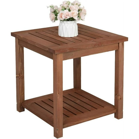HYJY Patio Small Side Table, Acacia Wood 18 inch Double-Deck Coffee Table with Storage Tier for Living Room, Garden, Balcony, Porch, Deck (Carbonized Color)