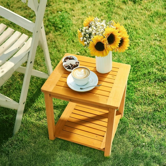 HYJY Patio Small Side Table, Acacia Wood 18 inch Double-Deck Coffee Table with Storage Tier for Living Room, Garden, Balcony, Porch, Deck (Teak Color)