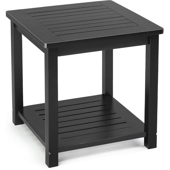 HYJY Patio Small Side Table, Acacia Wood 18 inch Double-Deck Coffee Table with Storage Tier for Living Room, Garden, Balcony, Porch, Deck (Black)