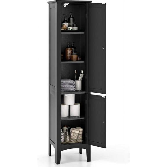 HYJY Tall Bathroom Storage Cabinet, Freestanding Narrow Linen Tower Cabinet with Bottom Adjustable Shelves & 2 Doors, Modern Slim Floor Cupboard Cabinets for Small Spaces, Living Room(Black)