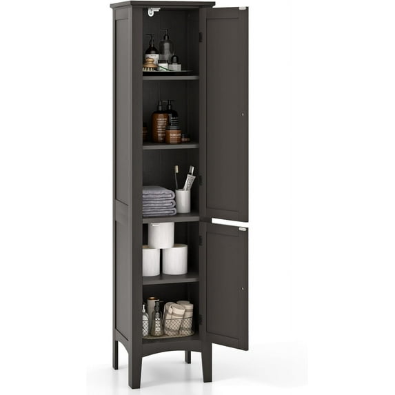 HYJY Tall Bathroom Storage Cabinet, Freestanding Narrow Linen Tower Cabinet with Bottom Adjustable Shelves & 2 Doors, Modern Slim Floor Cupboard Cabinets for Small Spaces, Living Room(Brown)