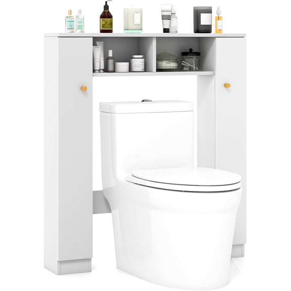 HYJY Over The Toilet Storage Cabinet, Double Door Freestanding Bathroom Organizer w/ 2 Open Compartments & 4 Adjustable Shelves, Bathroom Space Saver, Laundry Room Storage Rack (White)