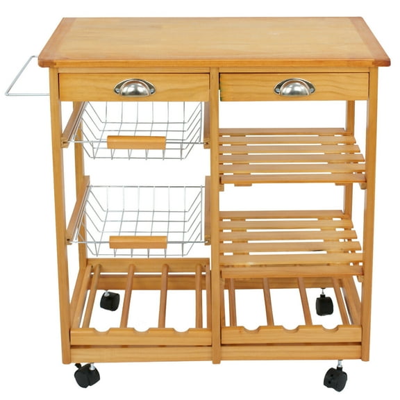 HYJY Wooden Kitchen Utility Island Cart w/ Shelves Drawers Trolley Rolling Wheels Suitable for kitchen, dining room, outdoor use （Natural Wood）