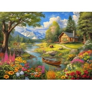 1000 Piece Jigsaw Puzzle for Adults - Log Cabin by a Mountain Lake - Challenging Puzzle - Adult 1000 Piece Puzzle - Wildlife Floral Landscape Scene with Canoe. 