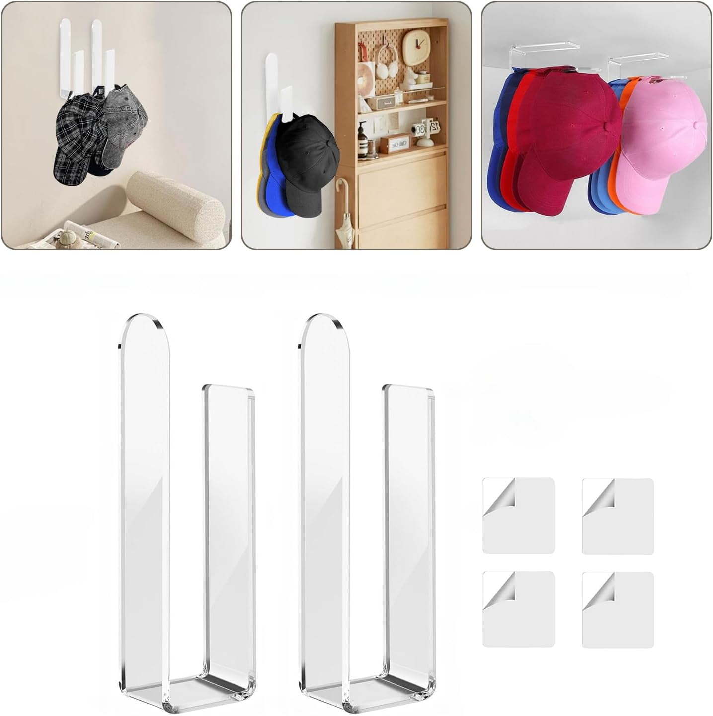 HYKE 2Pack Acrylic Hat Hooks for Wall, Multipose Organizer Wall Mount ...