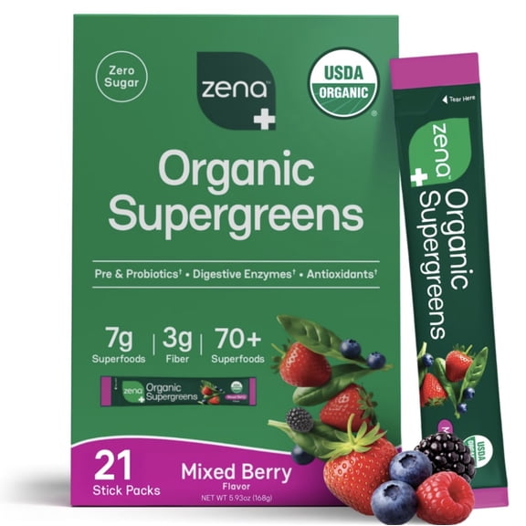 Zena Organic Supergreens Mixed Berry Flavored Stick Packs 21 Count