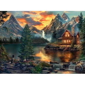 Prime Time Puzzles 1000 Piece Jigsaw Puzzle for Adults - Mountain Cabin by a Lake - 1000 Pieces - 20x27 inches