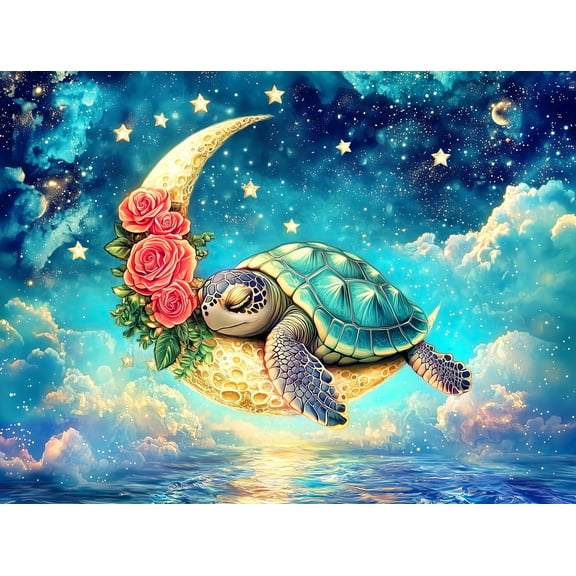 Sea Turtle Flower Puzzles 1000 Pieces Jigsaw Puzzle for Adults - Cute Turtle Gently Sleeping on The Crescent Moon amidst a Cloud Covered Ocean - Challenging and Difficult Puzzle - 20x27 inches