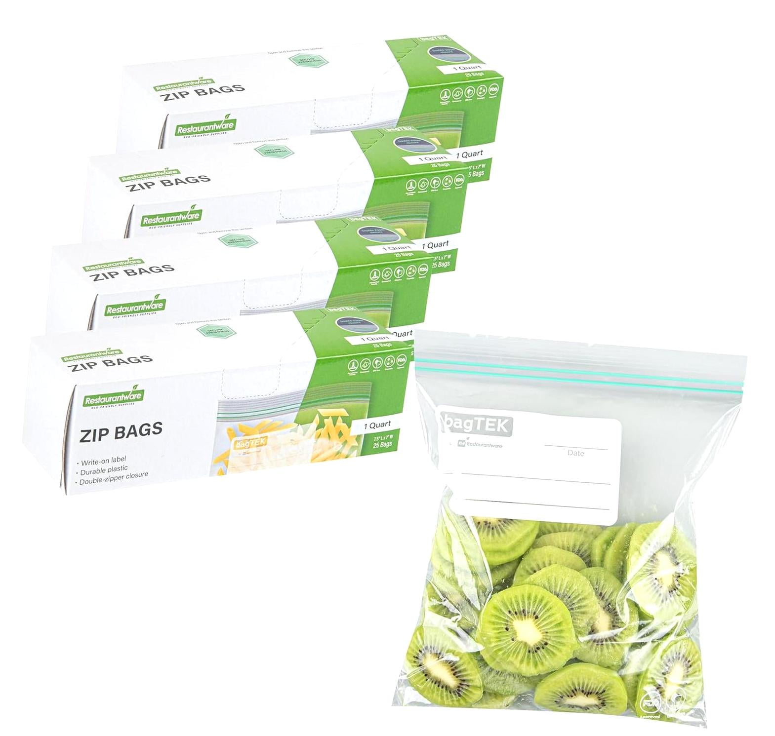 HYKE Bag Tek 1 Quart Storage Zip Bags 25 Zipper Pouch Bags - Double Zipper Greaseproof Clear Plastic Zip Bags With Write-On-Label For Food Organization And Storage