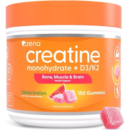 Zena Nutrition Creatine Gummies with D3 & K2, Creatine Monohydrate for Men and Women, Watermelon Flavor, 150ct, 30 Daily Servings