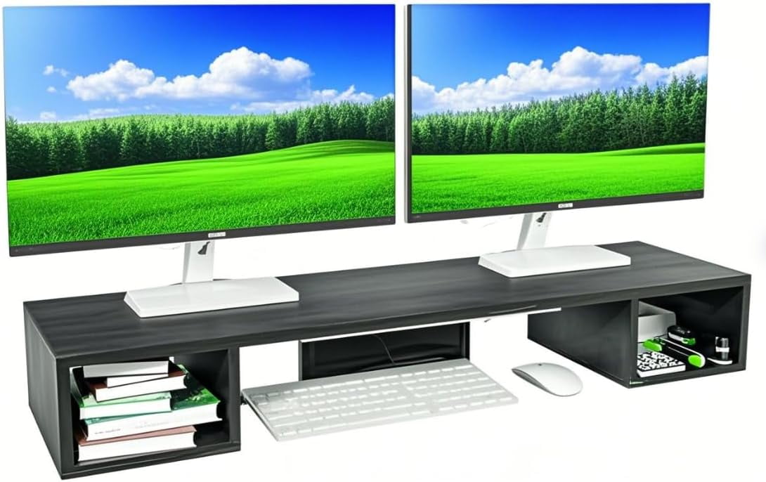 HYKE Dual Monitor Riser for Desk 2 Monitor, Wood Computer Monitor Stand ...