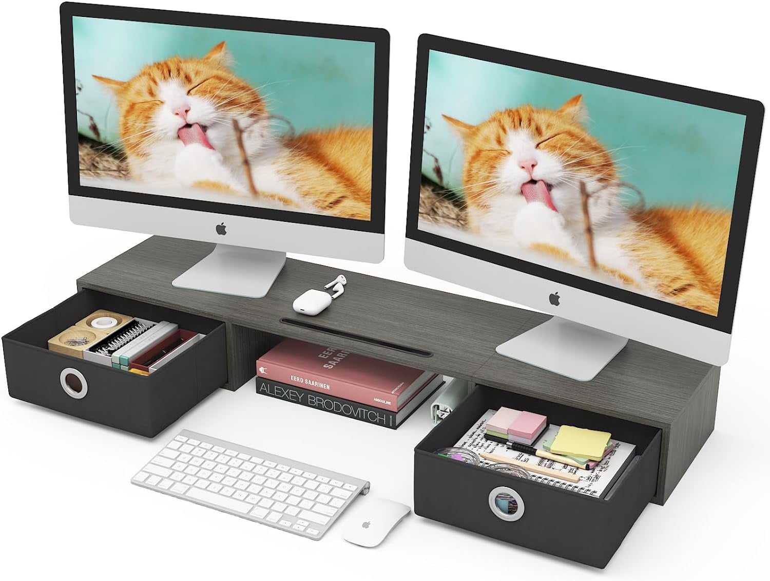 HYKE Dual Monitor Stand Riser with Two Drawers, Extra Large Storage ...