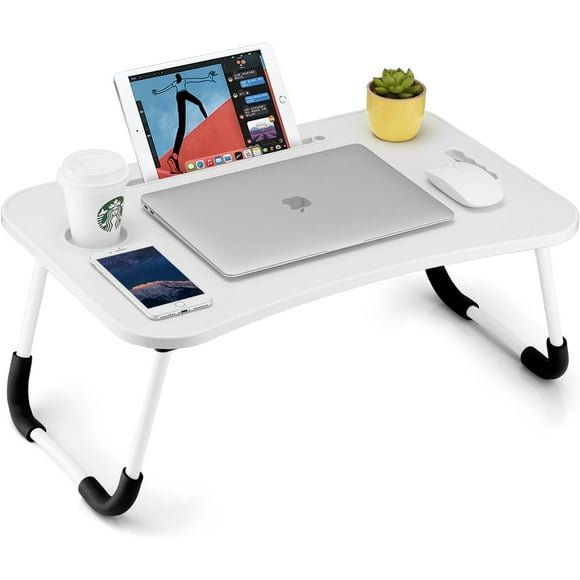 HYKE Foldable Laptop Table, Portable Lap Desk Bed Table Tray, Laptop Stand with Cup Holder & Tablet Slot & Lifting Handle for Wor Writing Drawing & Eating (White)