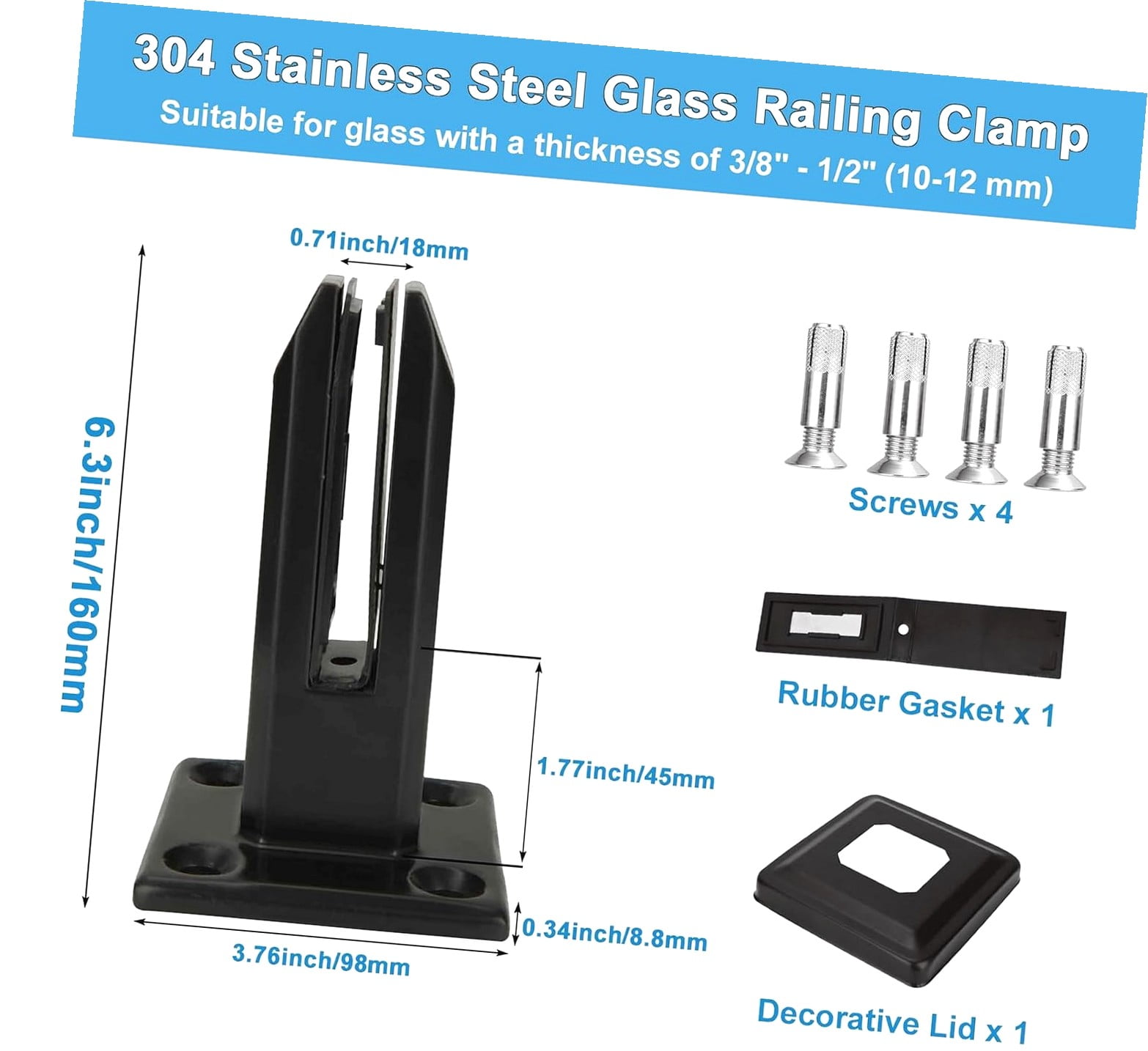 HYKE Glass Railing Post 304 Steel Glass Railing Clamp, Glass Mounting ...