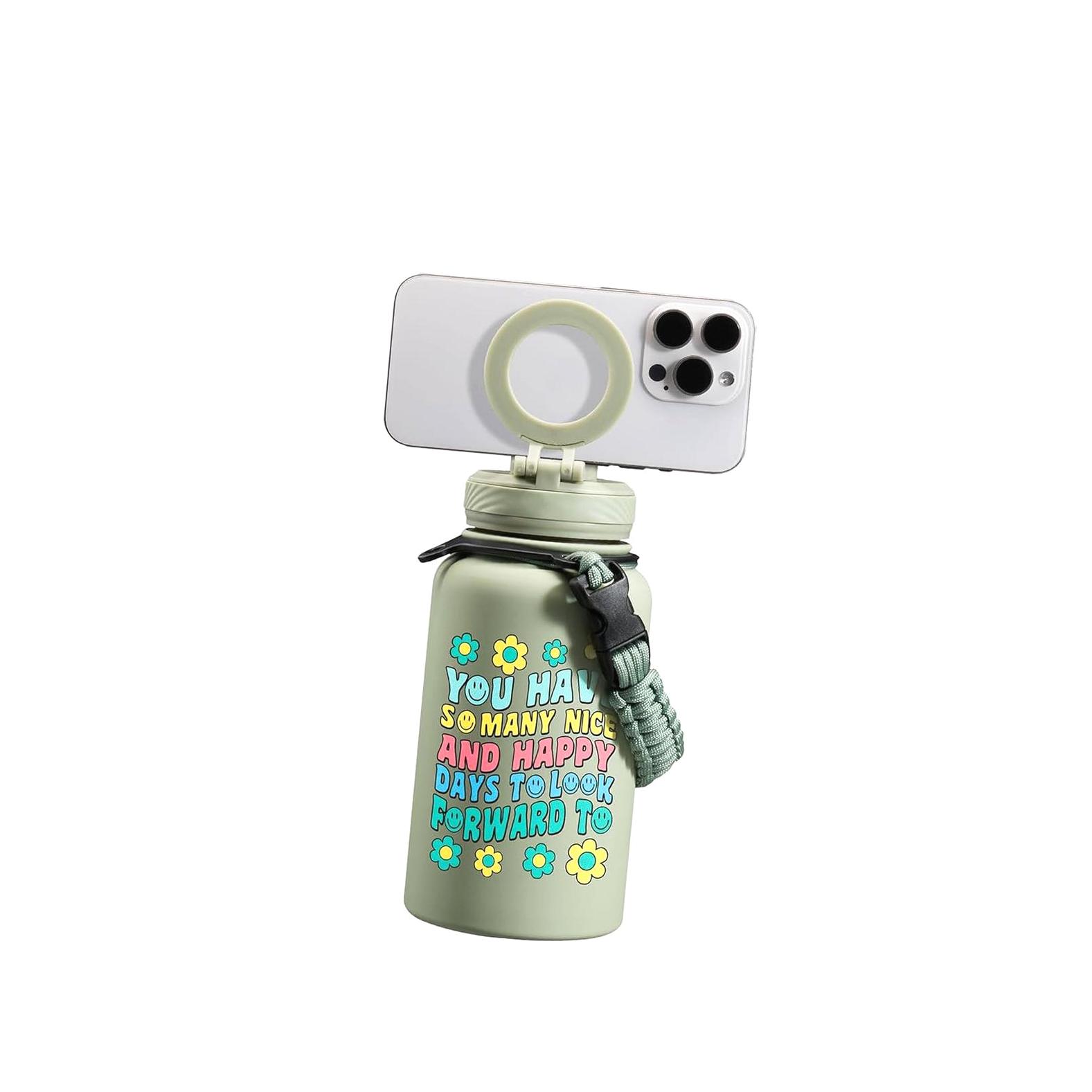 Magnetic Insulated Water Bottle With Phone Holder - 720ml Stainless Steel, Keeps Drinks Hot/Cold, Hands-Free Use