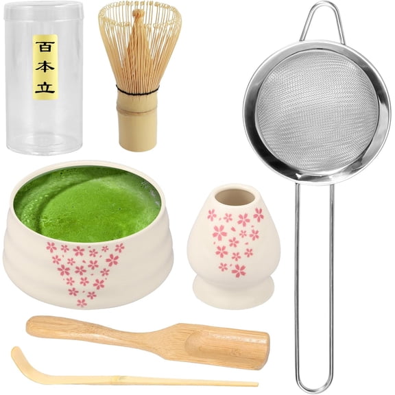 HYKE Matcha Whisk Set, Matcha Tea Set, Matcha Ma Set with Matcha Whisk Matcha Whisk Storage Holder Matcha Powder Sifter Ceramic Bowl Tea Spoon (Off-white)