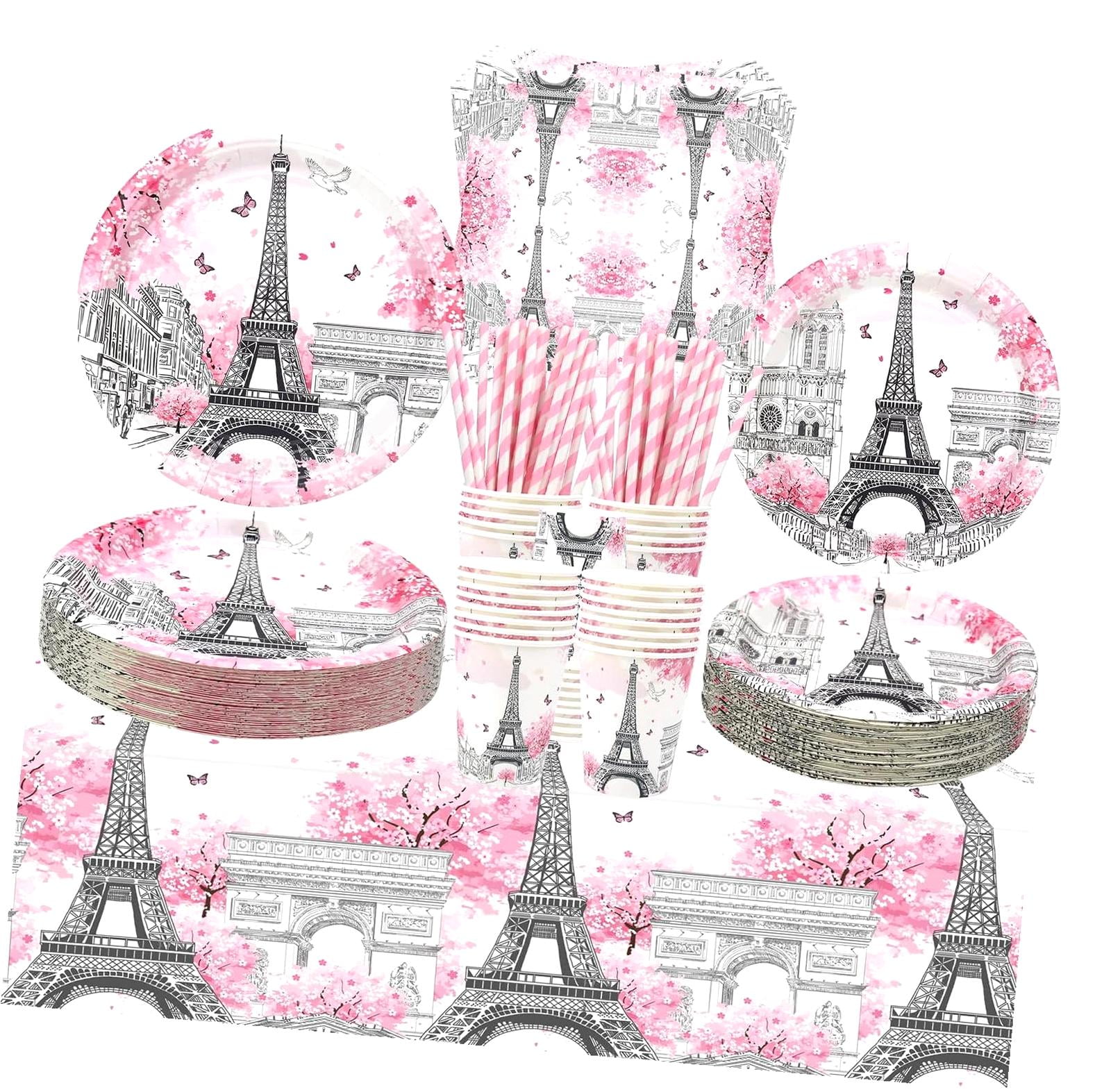 HYKE Paris Party Supplies - Eiffel Tower Party Tableware - Dinner Plates Desserts Plates Cups Napkins Tablecover Straws for Paris Birthday Party Decorations Shower Supplies, Serves 20 (20)