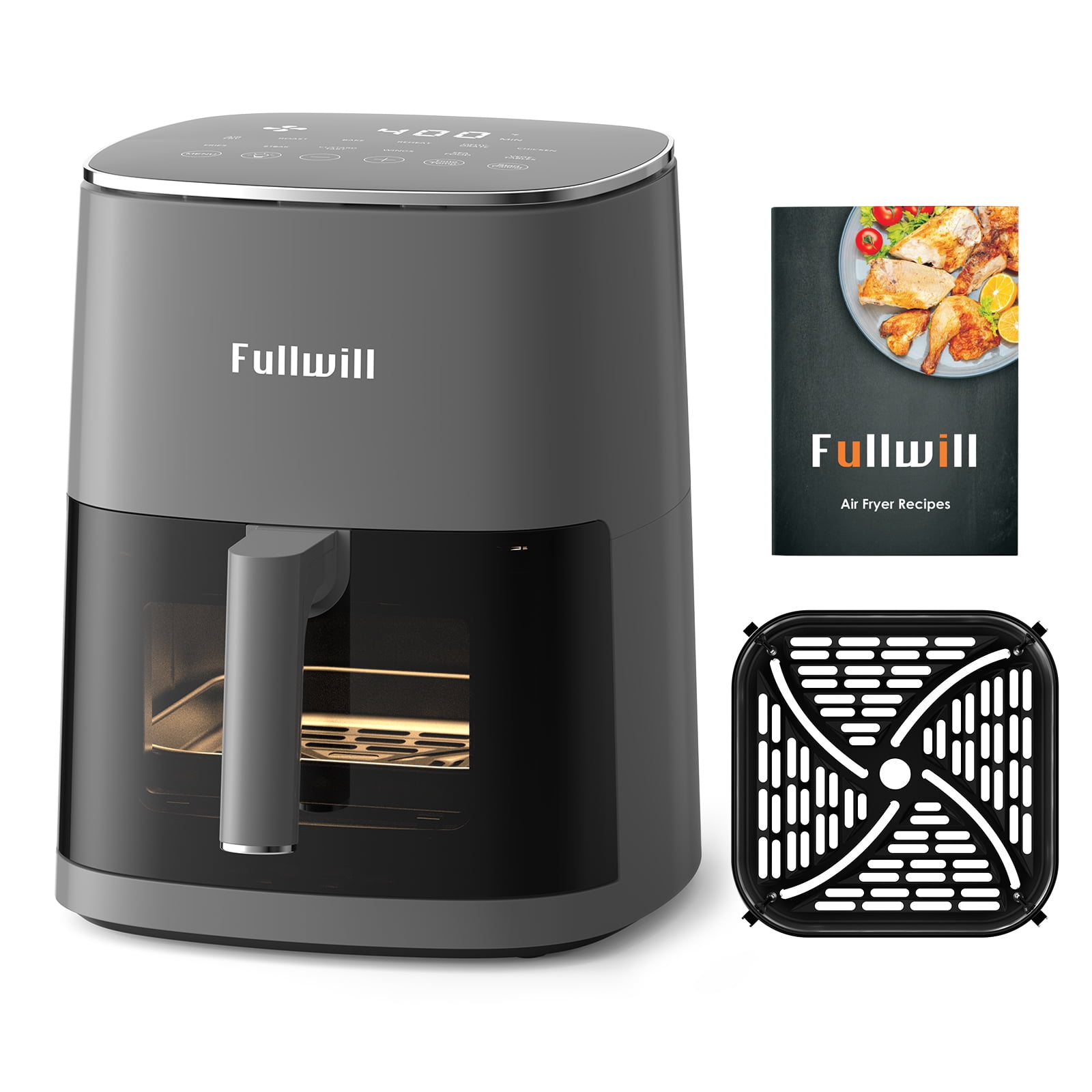 Fullwill 6QT Air Fryer with Viewing Window,12-in-1 Multi-Function Air Fry,Roast,Bake, Dehydrate, Fries,Nonstick and Dishwasher-Safe Basket,Family&friends Party,Max 400℉ Crisping 1700W,Gray
