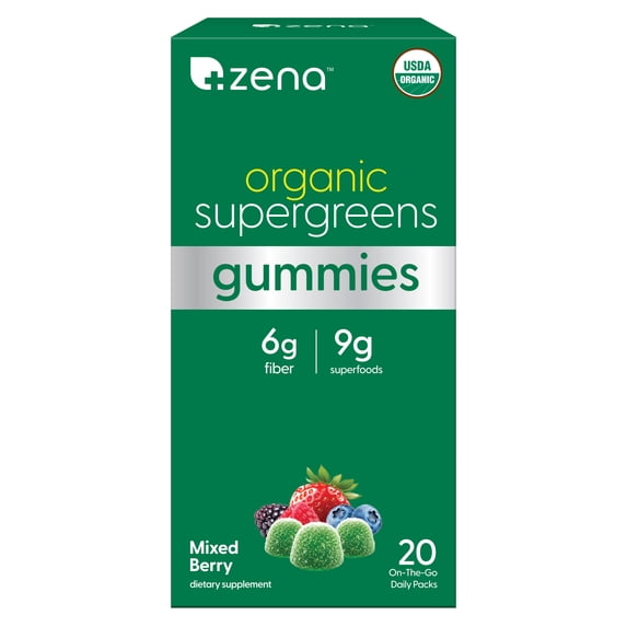 Zena Organic Supergreens Gummies, 70+ Superfoods, 0 Sugar, 5G Fiber, Mixed Berry 20 Servings