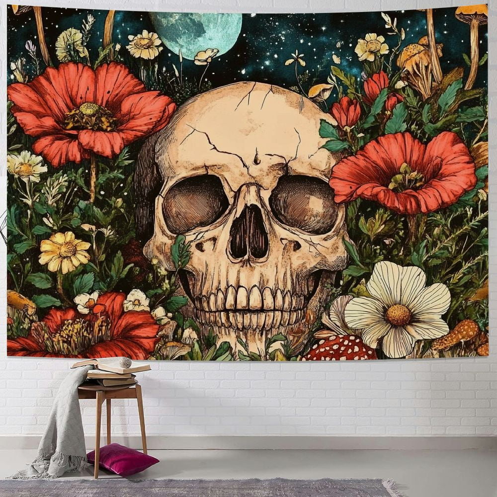 HYKY Skull Floral Tapestry Flowers Skeleton Tapestry Moon Garden