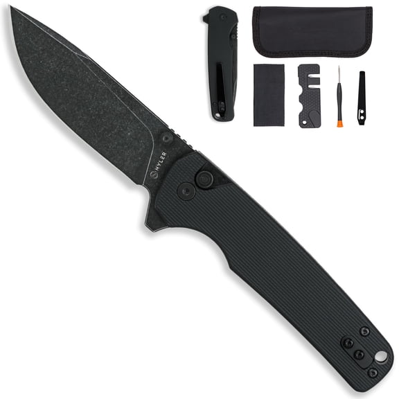 HYLER Mamba Button Lock Folding Pocket Knife - 3.46" 14C28N Black Stonewashed Blade, G10 Handle & Deep Carry Clip - Smooth EDC Pocket Knife for Camping & Outdoor - Black Handle