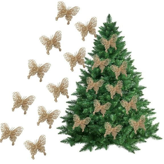 HYLLai 10-Pack Sparkling Butterfly Ornaments for Christmas Tree and Gift Box Decor, Glitter Holiday Accents, Gold