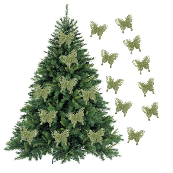 HYLLai 10-Pack Sparkling Butterfly Ornaments for Christmas Tree and Gift Box Decor, Glitter Holiday Accents, Green
