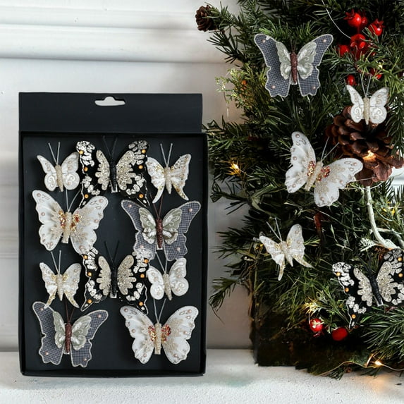 HYLLai 10 Pcs Colorful Butterfly Christmas Tree Clips, Glitter Hollow Ornaments with Clip for Festive Scene Decoration, Clear