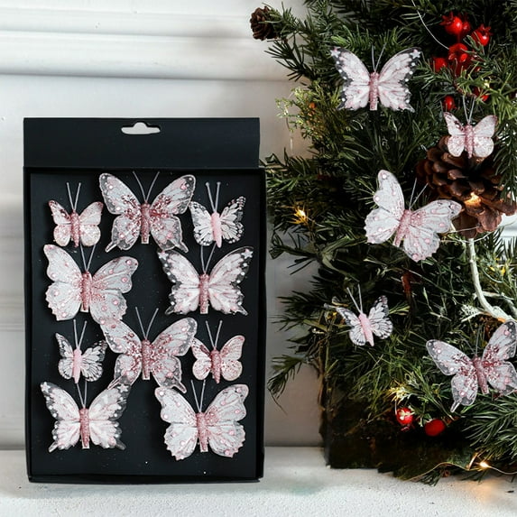 HYLLai 10 Pcs Colorful Butterfly Christmas Tree Clips, Glitter Hollow Ornaments with Clip for Festive Scene Decoration, Pink