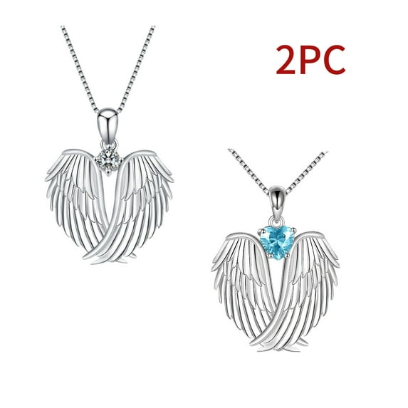 HYLLai 2 PCS Angel Wings Necklace Set Jewelry-Guardian Angel Wings Pendant Birthstone Necklace Christmas Jewelry Valentine's Day Anniversary Gift for Women (Silver;Sky Blue)