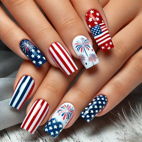 HYLLai 24PCS Independence Day Nail Stickers, Patriotic Red Blue White Flag Design, Self-Adhesive Fake Nails for Parties