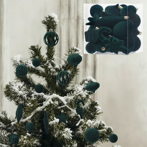 HYLLai 28Pcs Flocked Christmas Ball Ornaments Set - for Tree and Festive Party Home Decor, Green