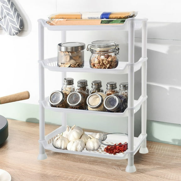 HYLLai 4-Tier Step Storage Rack for Bathroom and Kitchen, Tool-Free Assembly Plastic Organizer with Drainage Holes, Multi-Layer Shelf for Toiletries and Kitchen Supplies, White
