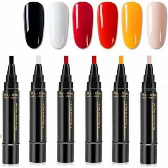 HYLLai 6 Colors Nail Gel Pen Set, 3-in-1 Base Color & Top Coat, Fast Drying, Portable Nail Art Kit (A)