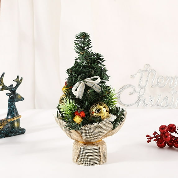 HYLLai 7.9Inch Mini Christmas Tree with Decorations, Desktop Decor, Flocked Artificial Tree for Holiday Home or Office, Gold