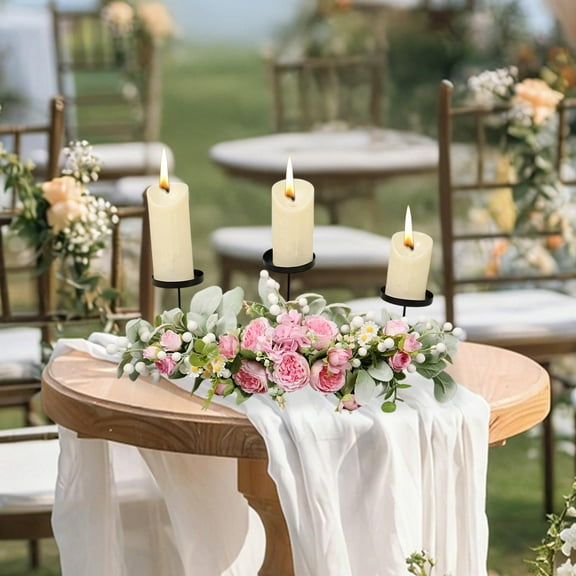 HYLLai Artificial Peony Candelabra - Tall Iron Floral Candle Holder for Wedding, Party, and Dining Table Centerpiece Decor, Pink