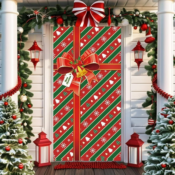 HYLLai Christmas Door Cover, 35x71 Inch Festive Door Curtain with Gift Box Design, Polyester Holiday Wall Hanging for Indoor Outdoor Party Decor (B)
