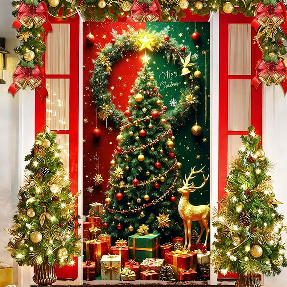 HYLLai Christmas Door Cover Santa Claus – 35x71 Inch Festive Door Decoration for Indoor and Outdoor Use, Perfect for Holiday Home Party Decor (X)