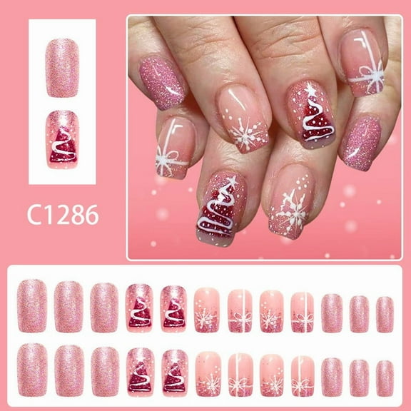 HYLLai Christmas Snowflake Wearable Nail Stickers, 24-Piece Set with Double-Sided Adhesive, Festive Press-On Nails for Holiday Parties and Gifting (C)